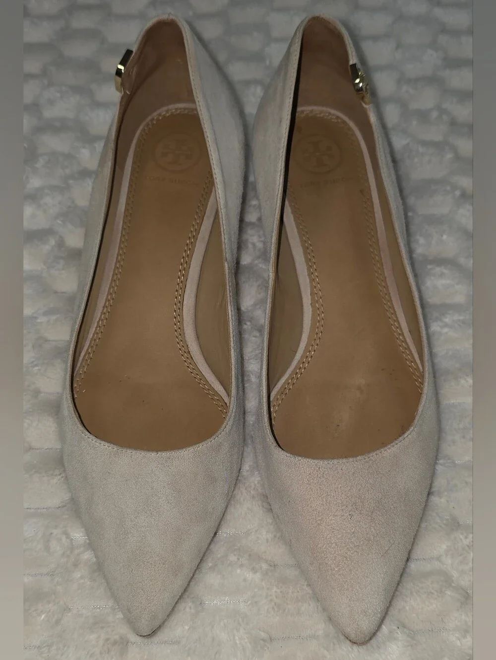 TORY BURCH Nude Elizabeth Suede Leather Pointed Toe Kitten Heel Pumps